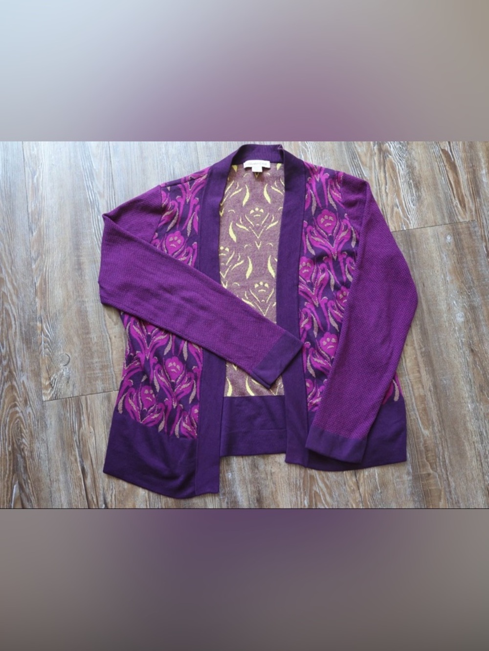 Coldwater Creek Womens Bright Purple Artsy Floral Silk Blend Open Cardigan 14 L